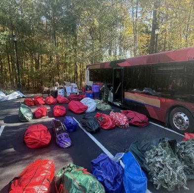 Bags of donated trees in the parking lot