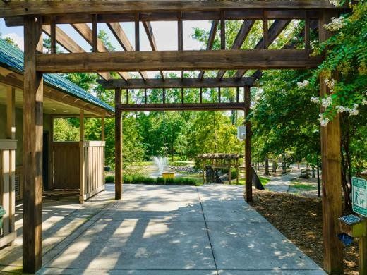 Pergola walkway by the shelters and fountain