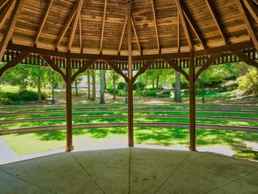 Inside the gazebo, looking out on the terraced lawn