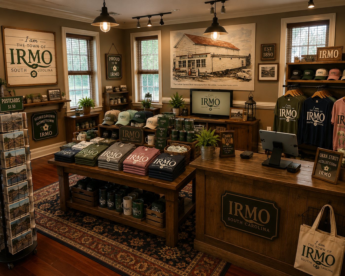 Concept of an I am the Town of Irmo shop with tees, caps, mugs, tumblers and totes on rustic wood displays