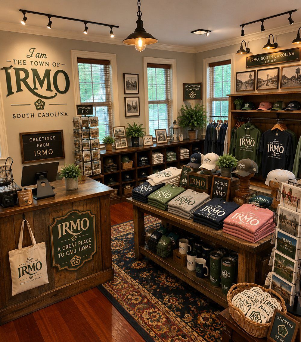 Concept of the shop counter with an I am the Town of Irmo wall sign, tote bag and folded tees